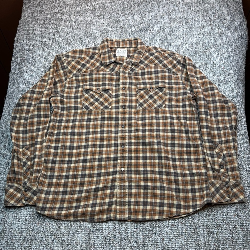 Ariat Retro Fit Mens XL Plaid Flannel Button Up Pearl Snap Blue Brown